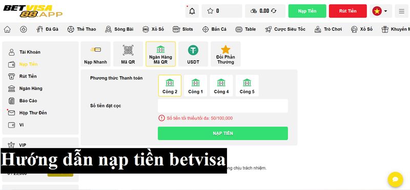 Thao tác nạp tiền Betvisa hết sức đơn giản